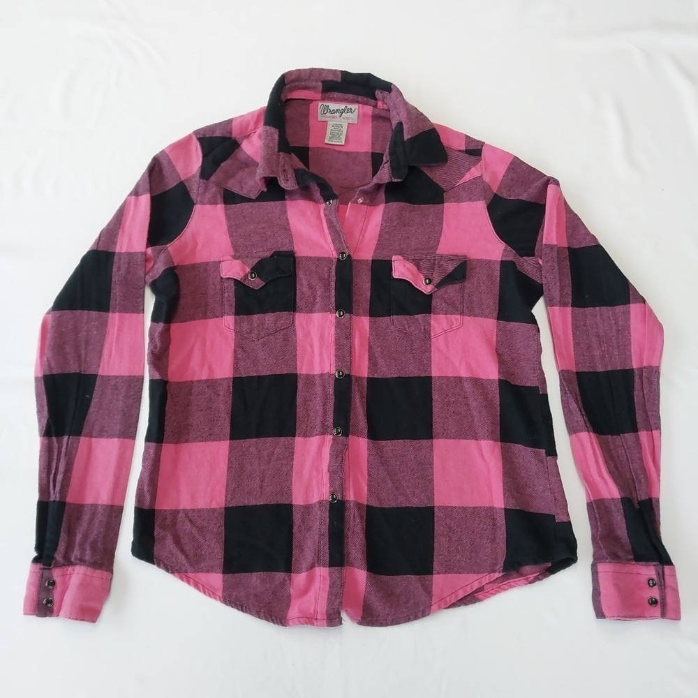 Wrangler Shirt Girl Medium Pink Black Plaid Western‎ Pearl Snap Flannel